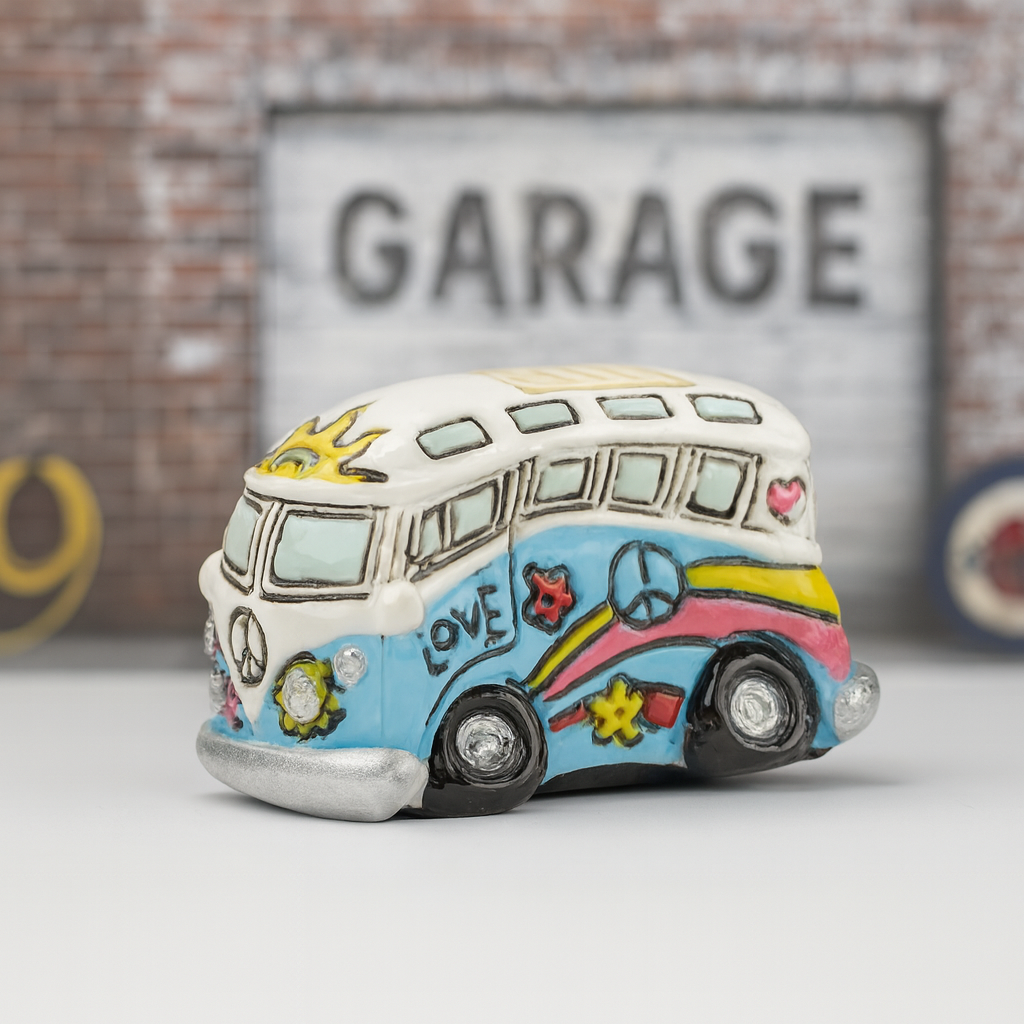 Flower Power Bus Miniatur aus Polyresin 3,8 cm bunt – Dekofigur für Geldgeschenk Zubehör, Bastelarbeit, Diorama und Puppenhaus