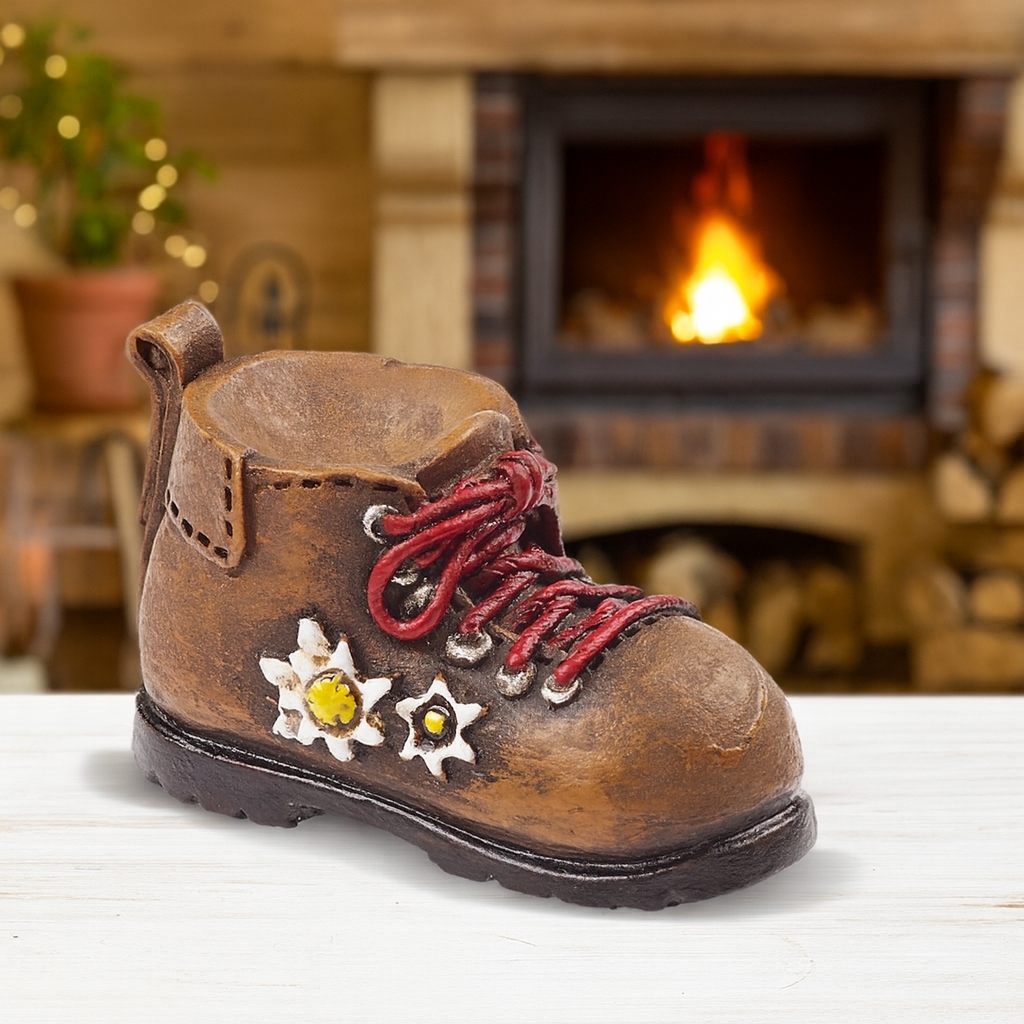 Wanderschuh Miniatur Dekofigur aus Polyresin 3 cm braun mit Edelweiß Wandern Bergtour Reisen Geldgeschenk Zubehör Modellbau