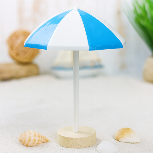 Miniatur Sonnenschirm blau weiß 6cm Kunststoff maritim Sommer Dekofigur für Puppenhaus Diorama Modellbau