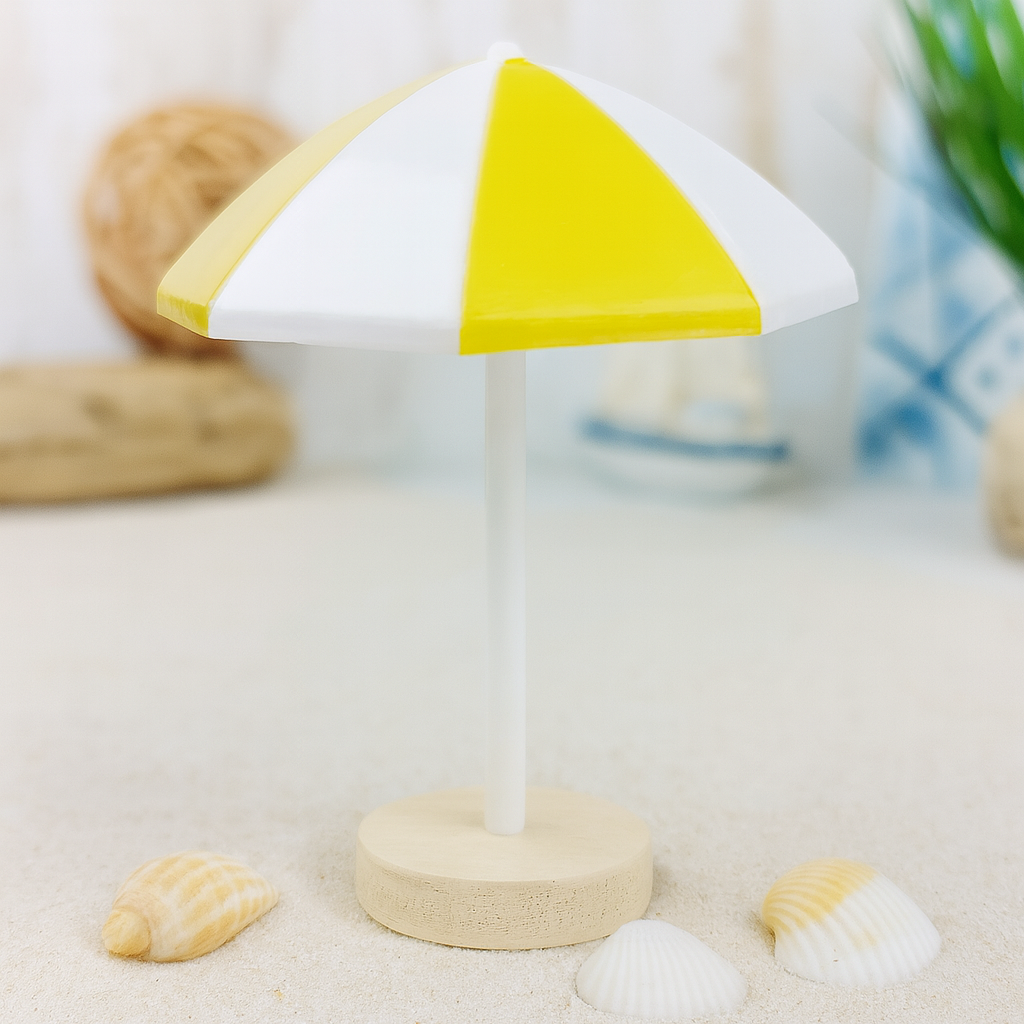 Miniatur Sonnenschirm gelb weiß 6cm Kunststoff maritim Sommer Dekofigur für Puppenhaus Diorama Modellbau