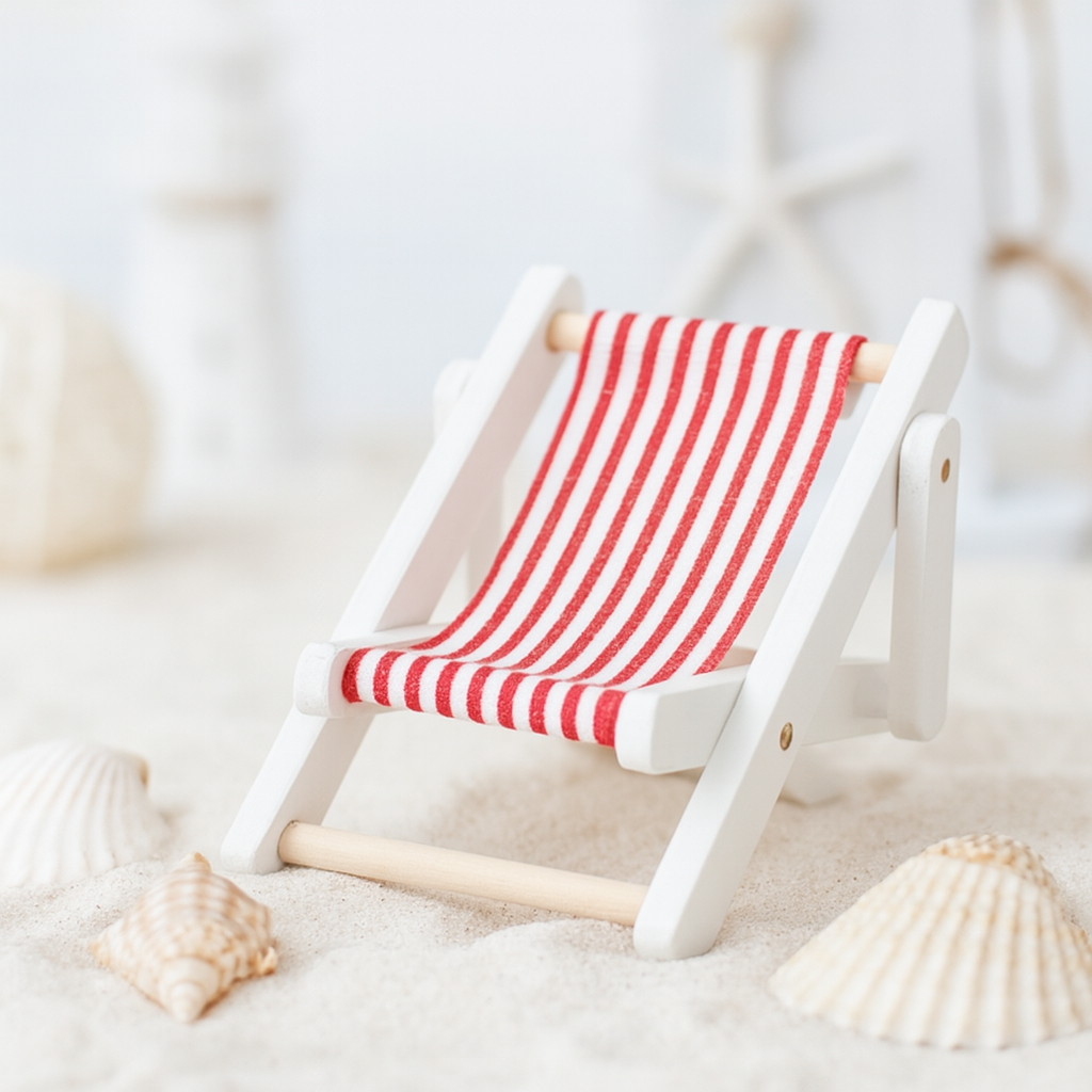 Miniatur Liegestuhl rot weiß 10cm Holz Stoff maritim Sommer Dekofigur für Puppenhaus Diorama Modellbau