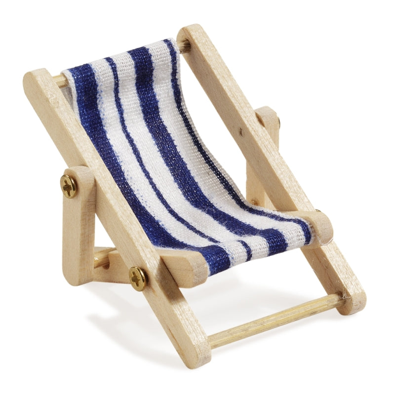 Miniatur Liegestuhl blau weiß 5cm Holz natur Stoff maritim Sommer Dekofigur für Puppenhaus Diorama Modellbau