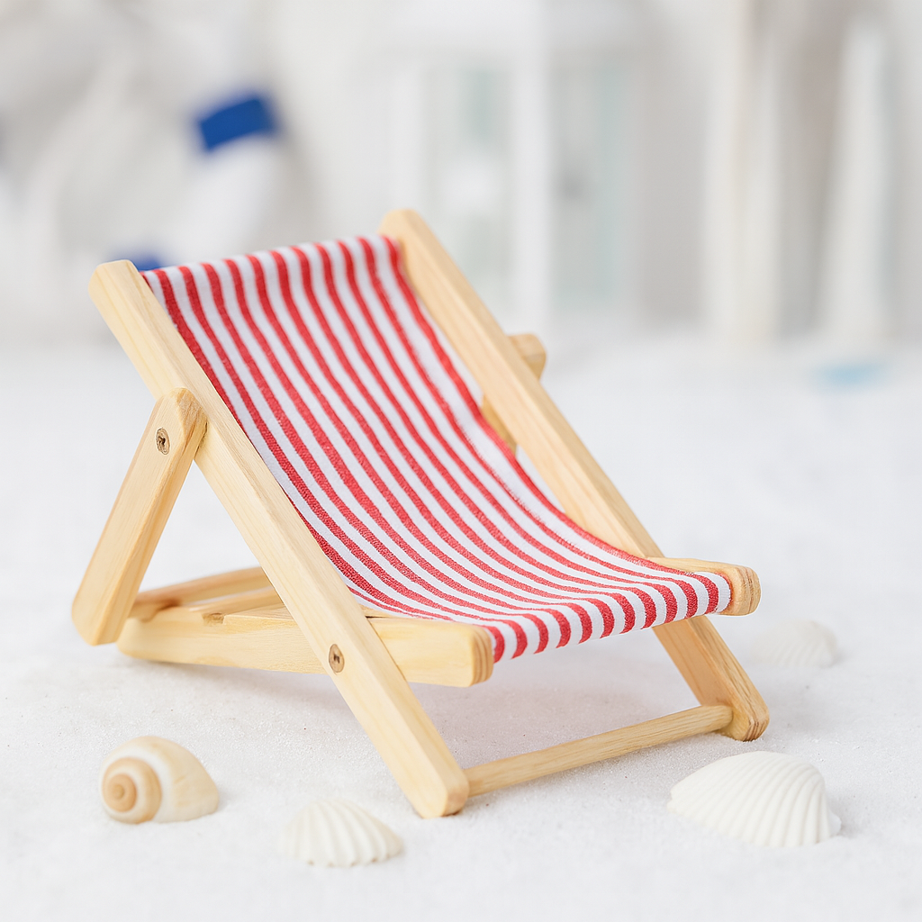 Miniatur Liegestuhl rot weiß 10cm Holz natur Stoff maritim Sommer Dekofigur für Puppenhaus Diorama Modellbau