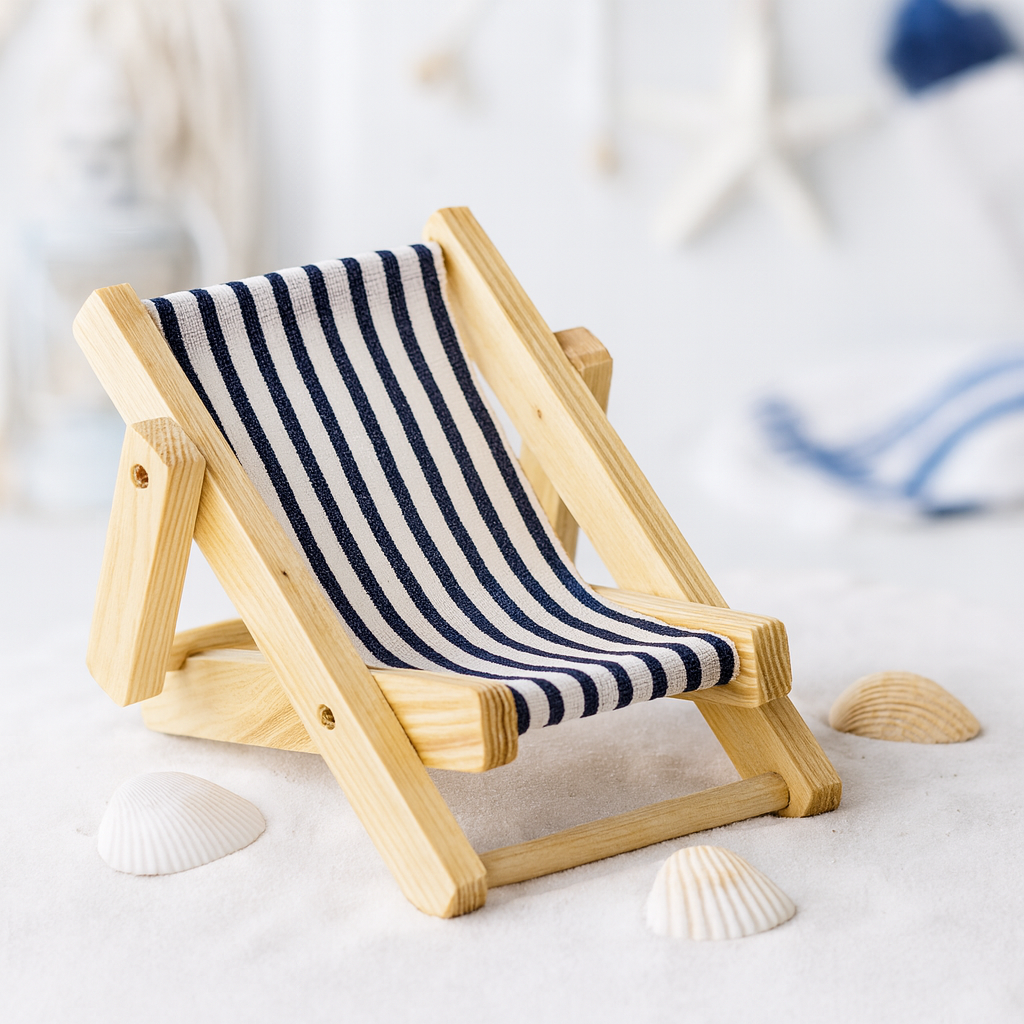 Miniatur Liegestuhl blau weiß 15cm Holz natur Stoff maritim Sommer Dekofigur für Puppenhaus Diorama Modellbau