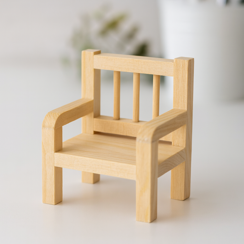 Miniatur Holzstuhl für Wichtelhaus aus naturbelassenem Holz, 4,5 cm