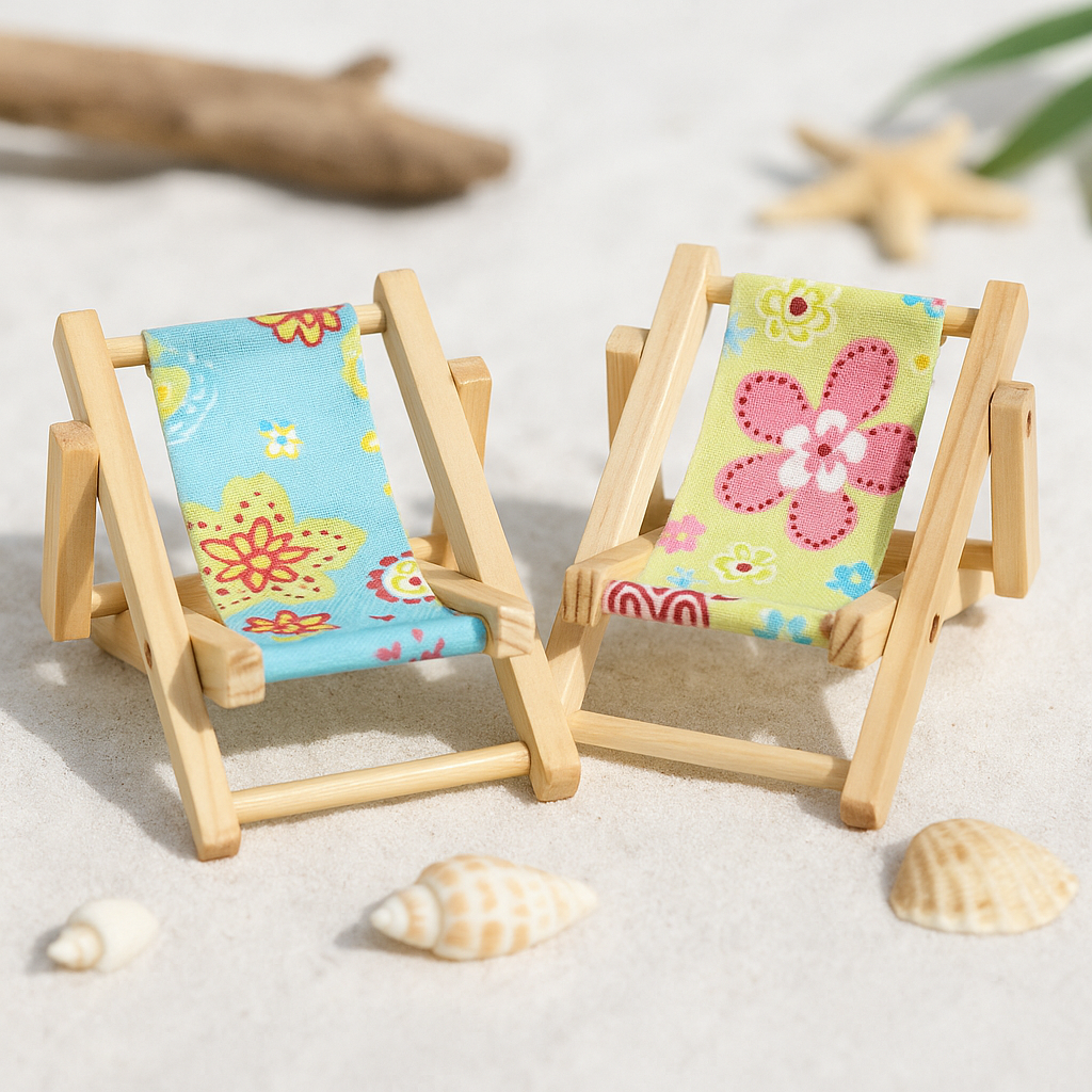 Miniatur Liegestuhl bunt 5cm Holz natur Stoff maritim Sommer Dekofigur für Puppenhaus Diorama Modellbau