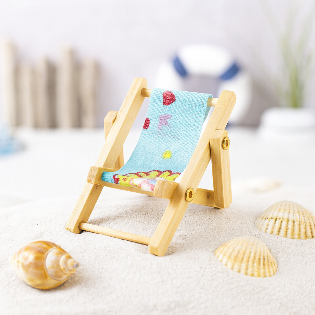 Miniatur Liegestuhl blau bunt 5cm Holz natur Stoff maritim Sommer Dekofigur für Puppenhaus Diorama Modellbau