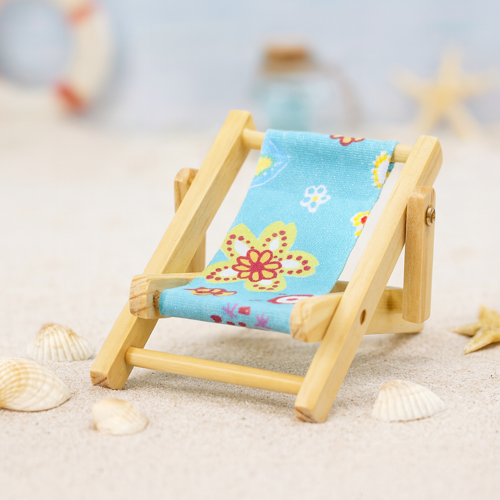 Miniatur Liegestuhl blau bunt 10cm Holz natur Stoff maritim Sommer Dekofigur für Puppenhaus Diorama Modellbau