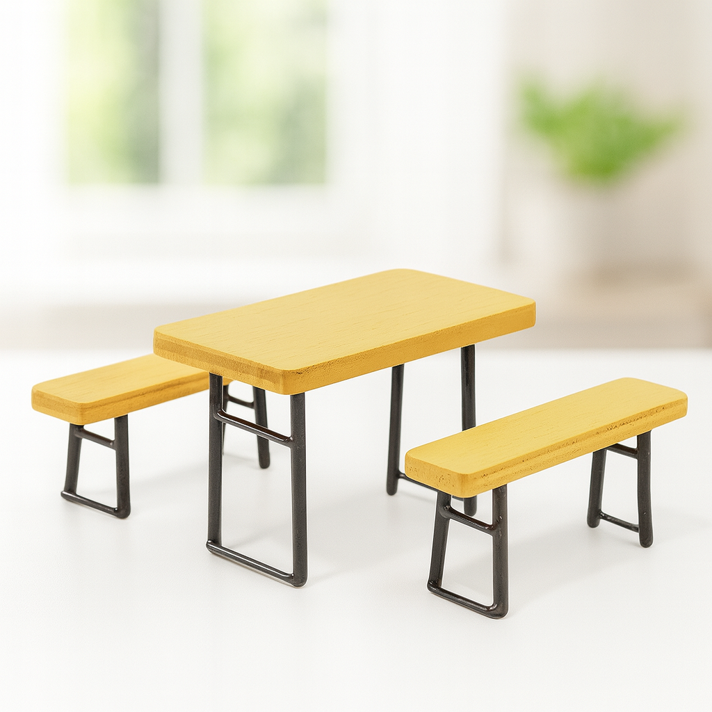 Miniatur Bierzeltgarnitur aus Holz und Metall mit Tisch und Bänken