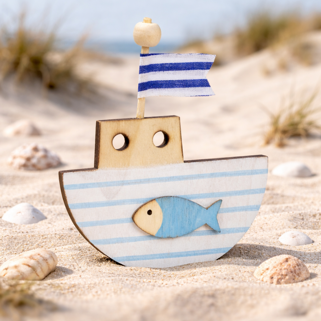 Kleines blau-weißes Holzboot mit Fischmotiv und Fahne im maritimen Stil als Miniatur Deko