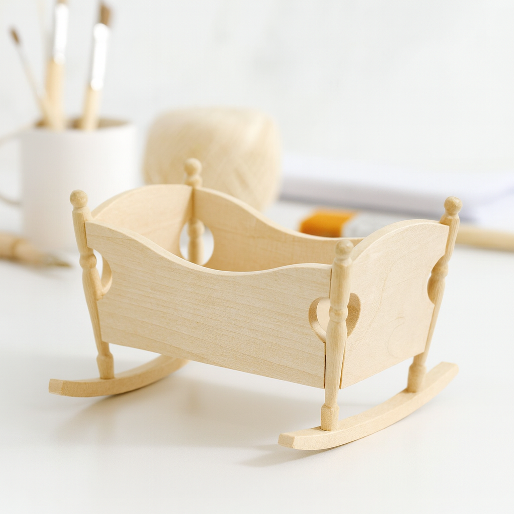 Miniatur Babywiege aus Holz – Wichtel Möbel für Puppenhaus & Deko