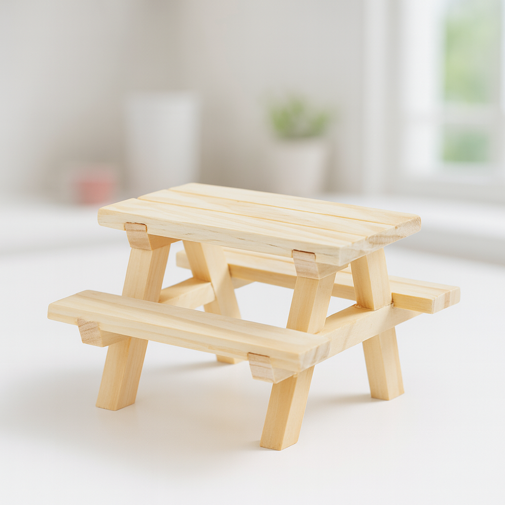 Miniatur Picknicktisch aus Holz mit integrierten Bänken für Wichtelhaus