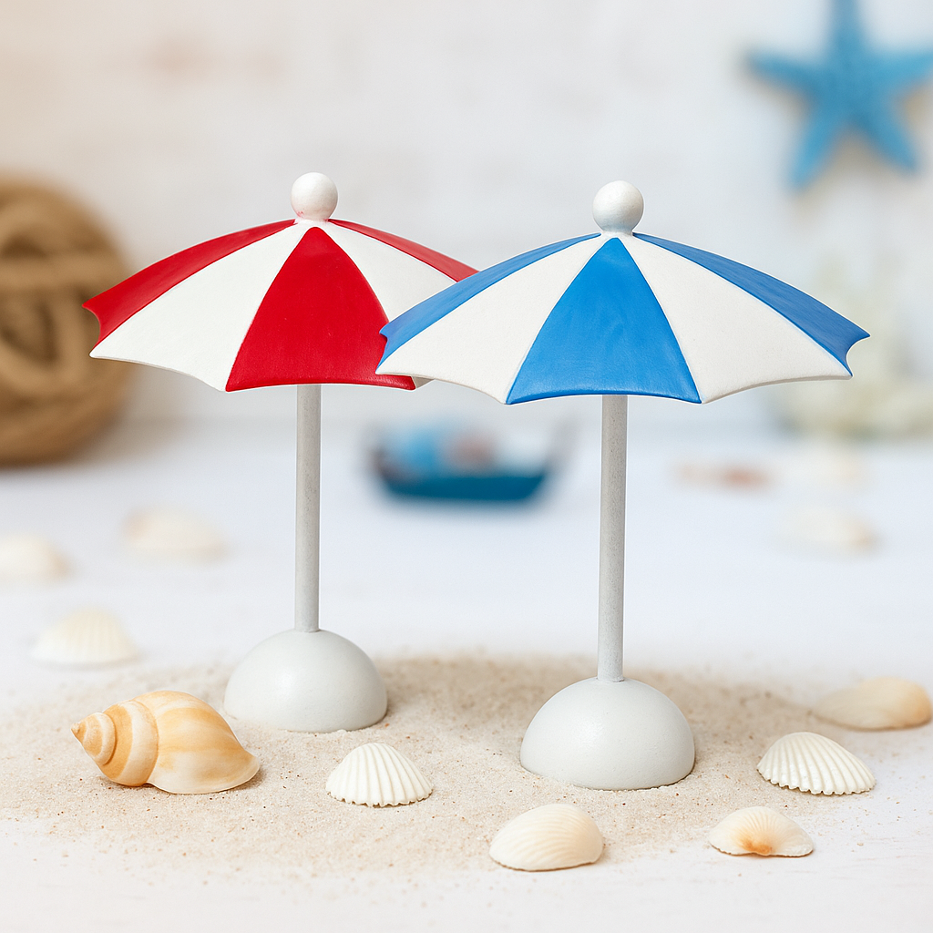Miniatur Sonnenschirm aus Metall 10cm maritim Sommer Dekofigur für Puppenhaus Diorama Modellbau
