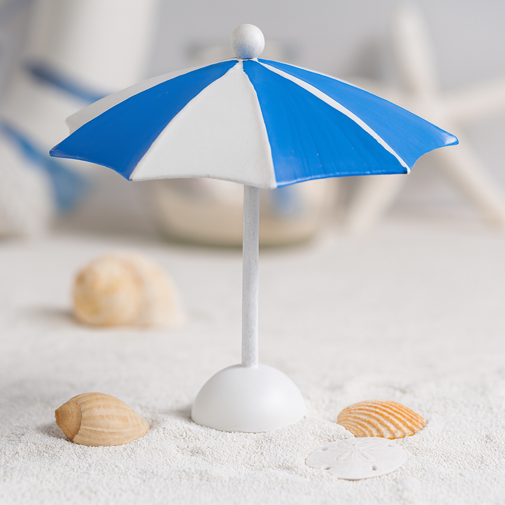 Miniatur Sonnenschirm blau weiß aus Metall 10x10 cm maritim Sommer Dekofigur für Diorama Modellbau Puppenhaus Tischdekoration