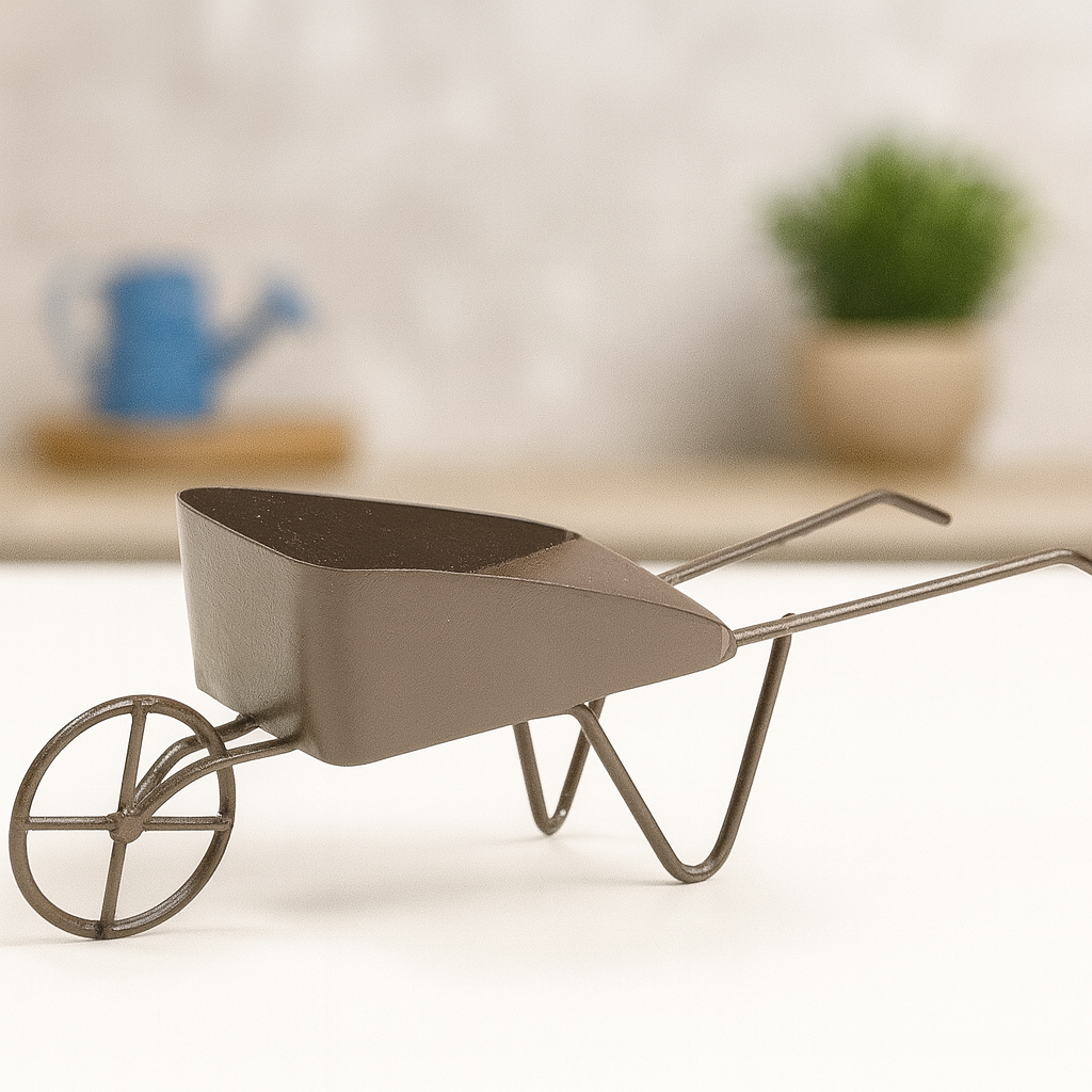 Miniatur Schubkarre aus Metall in braun, 12,5 cm – Wichtel Zubehör für Garten und Geldgeschenke