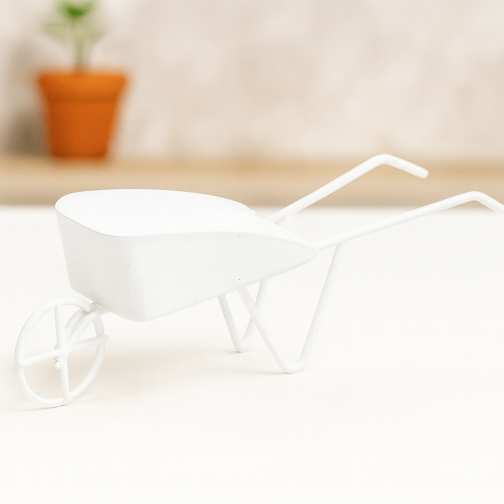 Miniatur Schubkarre aus Metall in weiß, 12,5 cm – Wichtel Zubehör für Garten und Geldgeschenke