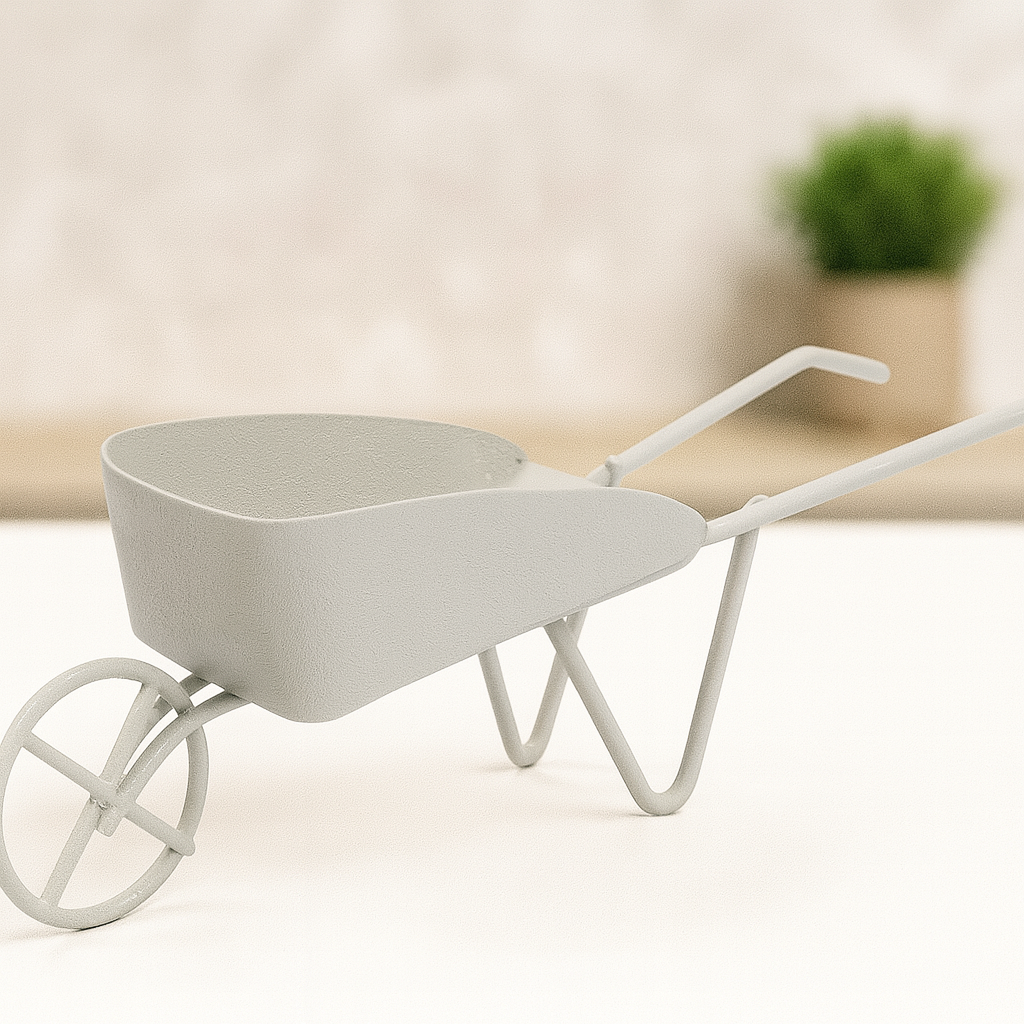 Miniatur Schubkarre aus Metall in grau, 12,5 cm – Wichtel Zubehör für Garten und Geldgeschenke