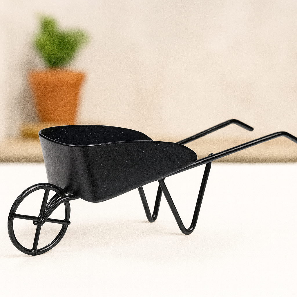 Miniatur Schubkarre aus Metall in schwarz, 12,5 cm – Wichtel Zubehör für Garten und Geldgeschenke
