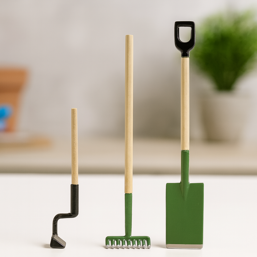 Miniatur Gartenwerkzeug Set 3-teilig aus Holz und Metall, 9 cm, grün-natur – Wichtel Zubehör