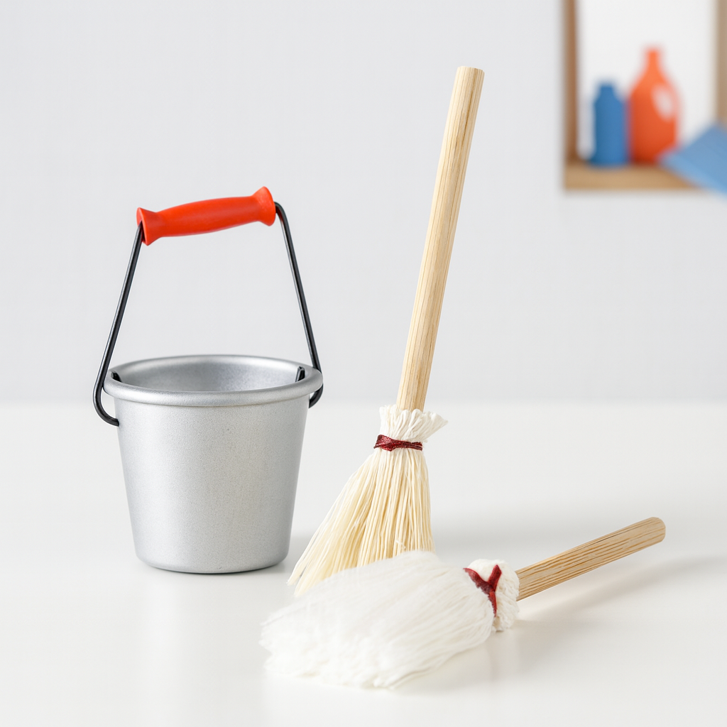 Miniatur Putz-Set 3-teilig mit Besen, Mop und Eimer, ca. 7 cm für Wichtelhaus