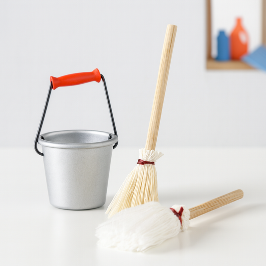 Miniatur Putz-Set 3-teilig mit Besen, Mop und Eimer, ca. 7 cm für Wichtelhaus