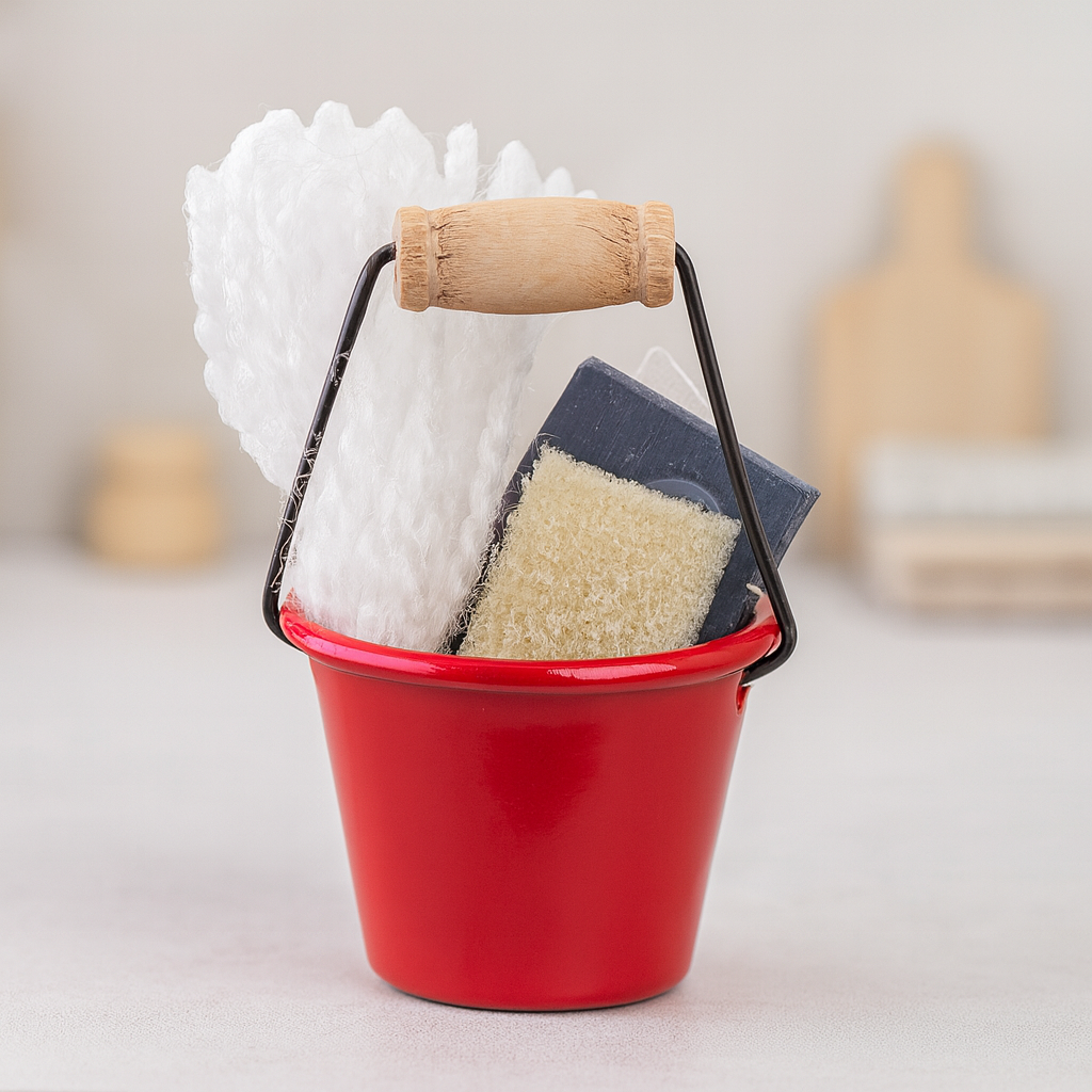 Miniatur Putzeimer rot mit Schwamm und Tuch, ca. 3 cm aus Kunststoff
