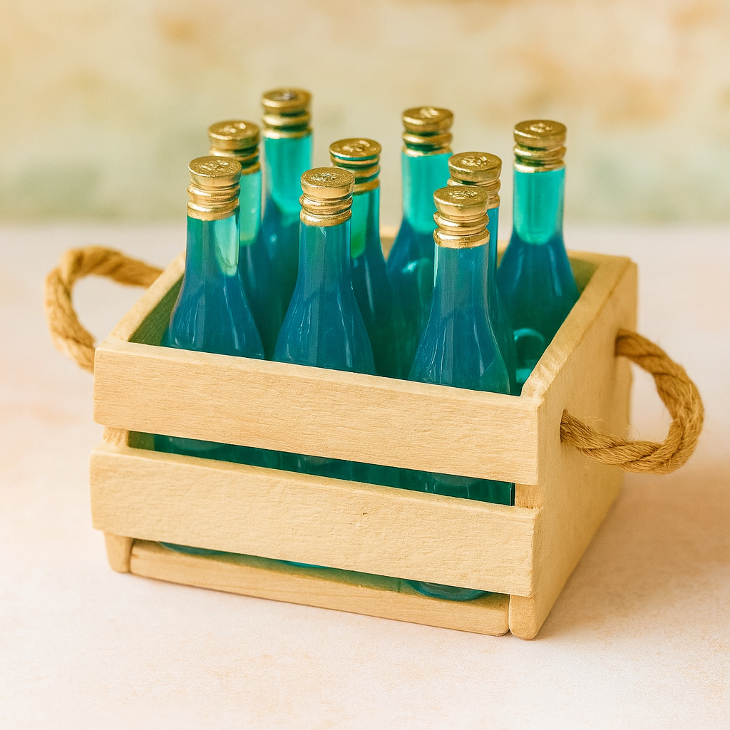 Miniatur Weinkiste 4 cm aus Holz mit Kunststoffflaschen – Wichtel Deko