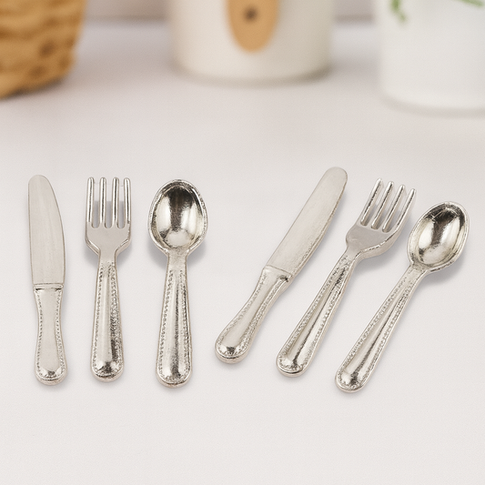 Miniatur Besteck silber 12-teilig aus Metall, ca. 2 cm – Wichtelhaus Deko