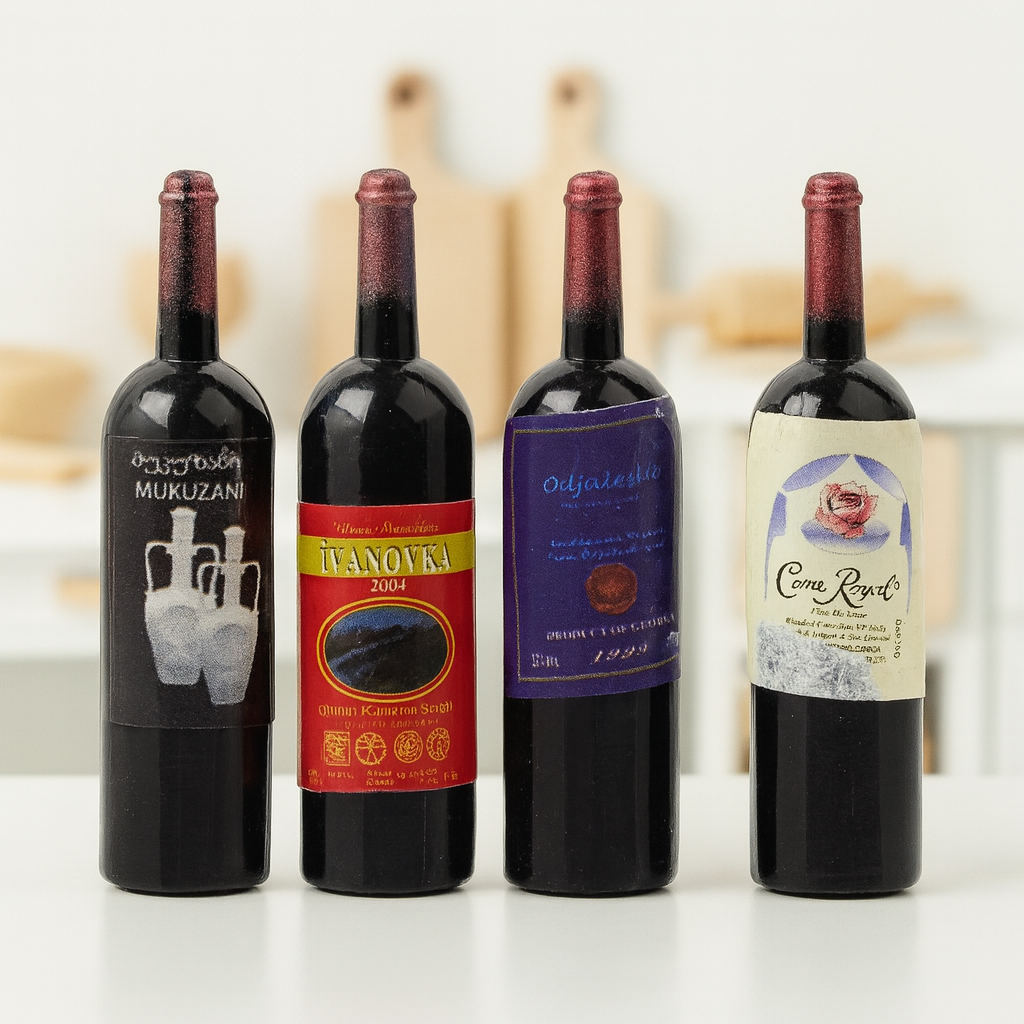 Miniatur Weinflaschen 4er-Set aus Kunststoff, 4,5 cm hoch, Wichtel Zubehör