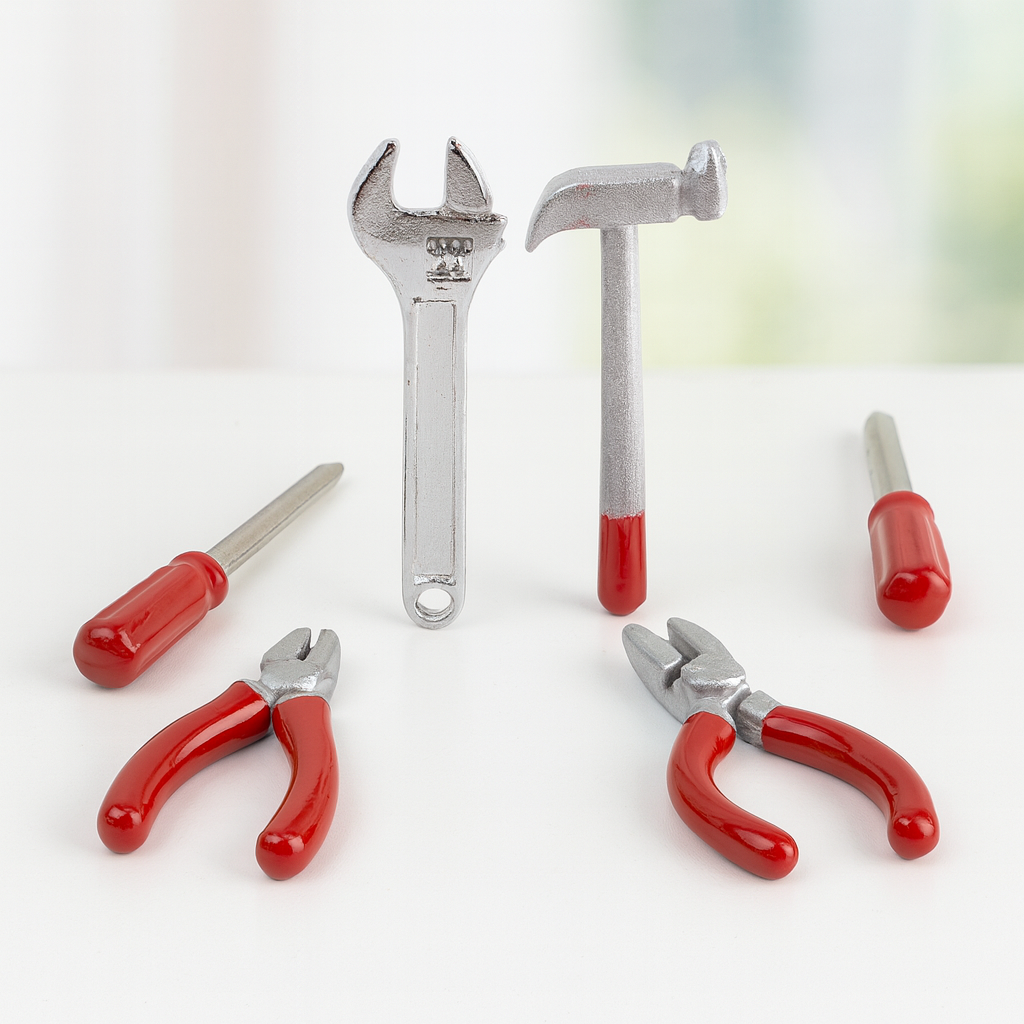 Miniatur Werkzeug Set 6-teilig, ca. 2 cm, Metall, rot-silber, Deko für Wichtel