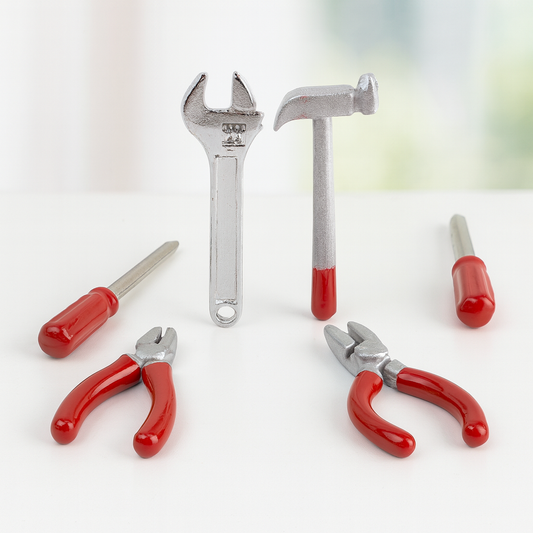 Miniatur Werkzeug Set 6-teilig, ca. 2 cm, Metall, rot-silber, Deko für Wichtel