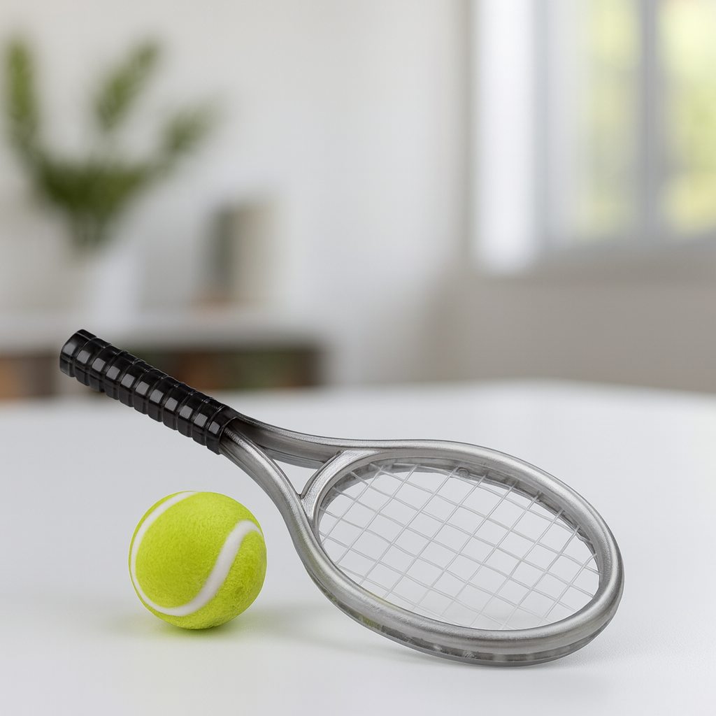 Miniatur Tennisschläger mit gelbem Ball aus Kunststoff, 3,5x9cm, Wichtel Zubehör