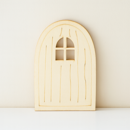 Miniatur Wichteltür aus Holz mit Fenster 6×9,5 cm, Wichtel Zubehör für Wichtelhaus und Geldgeschenke