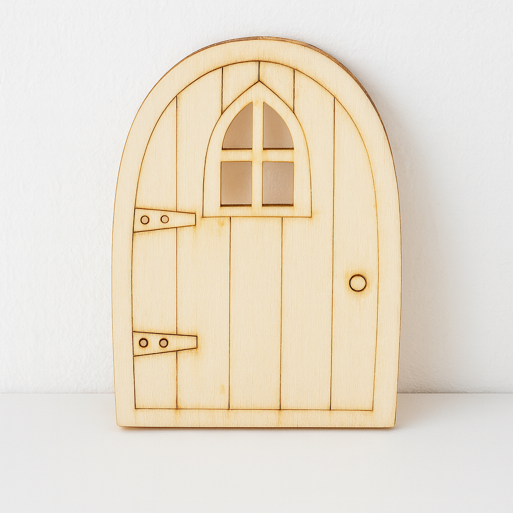 Miniatur Wichteltür aus Holz mit Fenster, gelaserten Scharnieren und Türknauf, Wichtel Zubehör