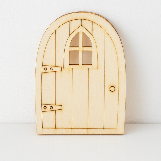 Miniatur Wichteltür aus Holz mit Fenster, gelaserten Scharnieren und Türknauf, Wichtel Zubehör