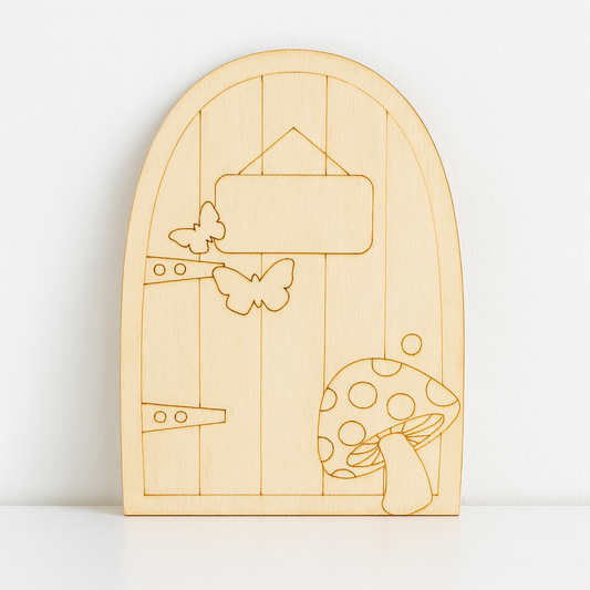 Miniatur Wichteltür aus Holz mit Schild, Pilz und Schmetterlingen, Wichtel Zubehör für Wichtelhaus