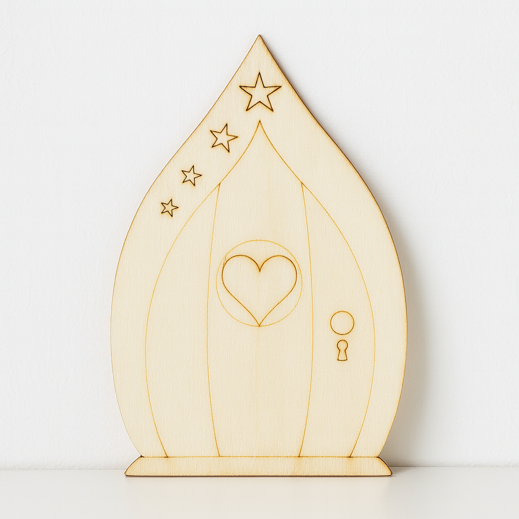 Miniatur Wichteltür spitz mit Sternen und Herz aus Holz, Wichtel Zubehör