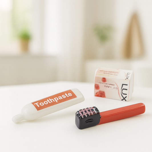 Miniatur Zahnputz-Set 3-teilig aus Kunststoff, ca. 2 cm – Zahnbürste, Zahnpasta, Seife – Wichtel Zubehör