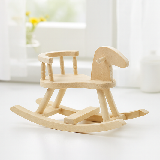 Miniatur Schaukelpferd aus Holz für Wichtelhaus, Babyzimmer und Puppenhaus