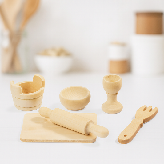 Miniatur Backset aus Holz, 6-teilig, ca. 1–5,5 cm, Wichtel Küche & Backzubehör