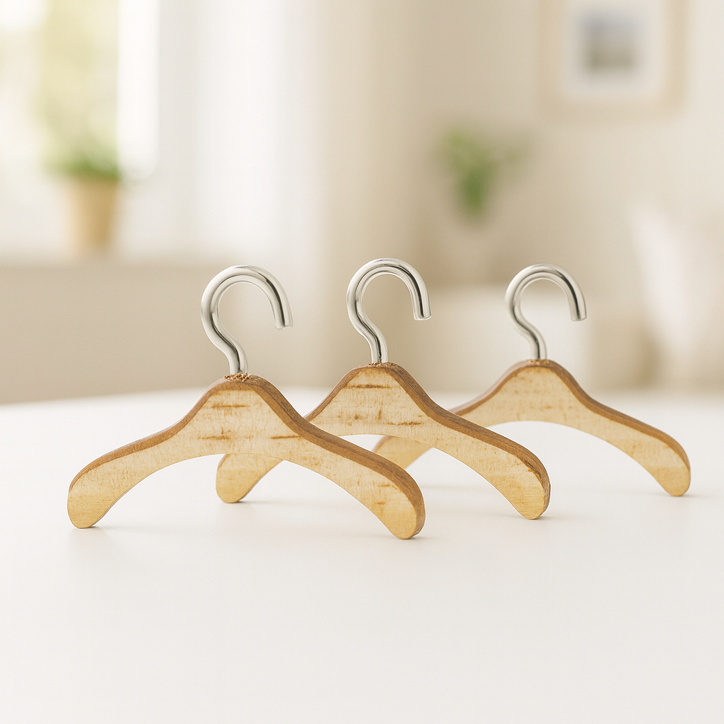 Miniatur Kleiderbügel 3er-Set aus Holz, ca. 4 cm – Zubehör fürs Wichtelhaus