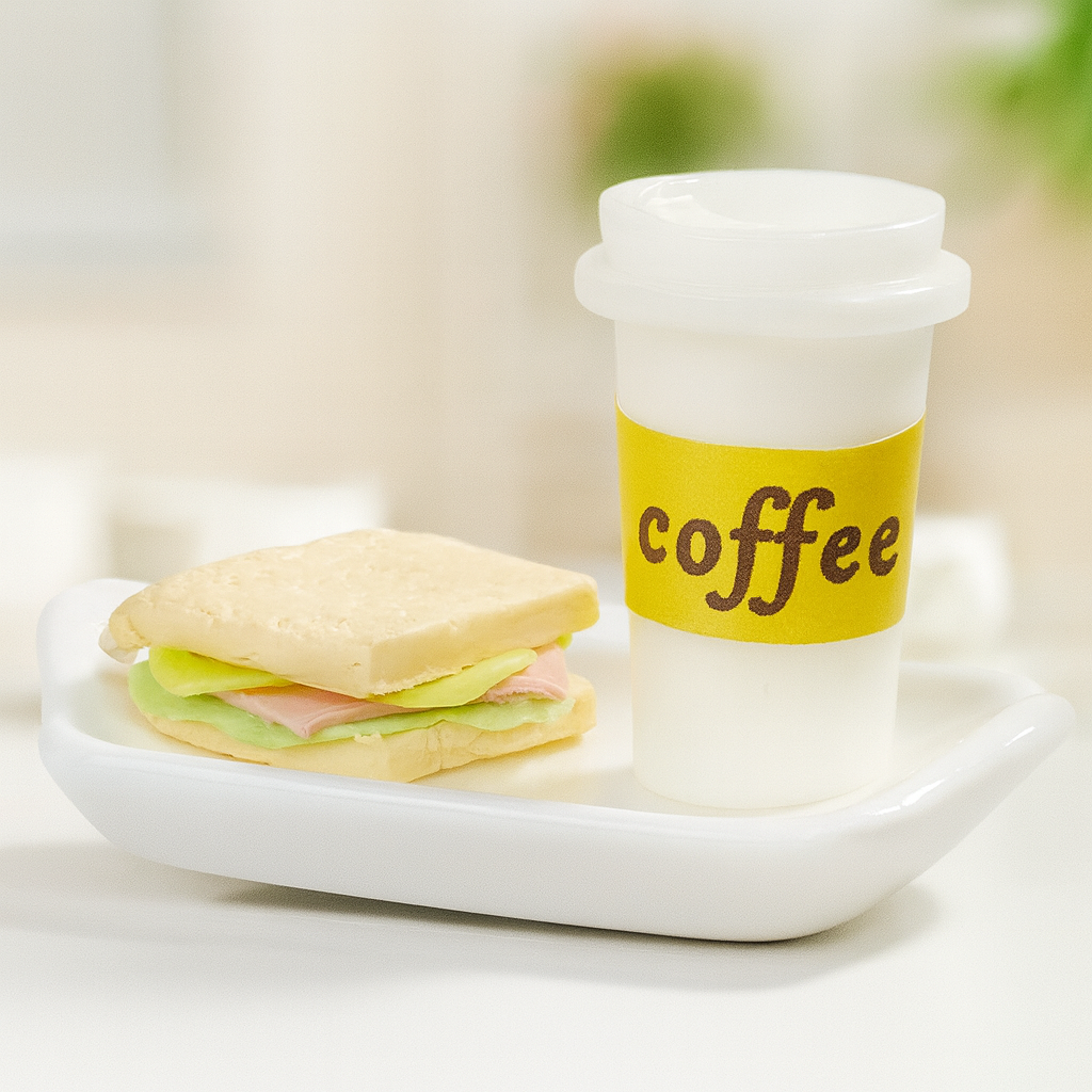 Miniatur Snack mit Getränk, 3-teilig aus Kunststoff auf Teller – Wichtel Zubehör