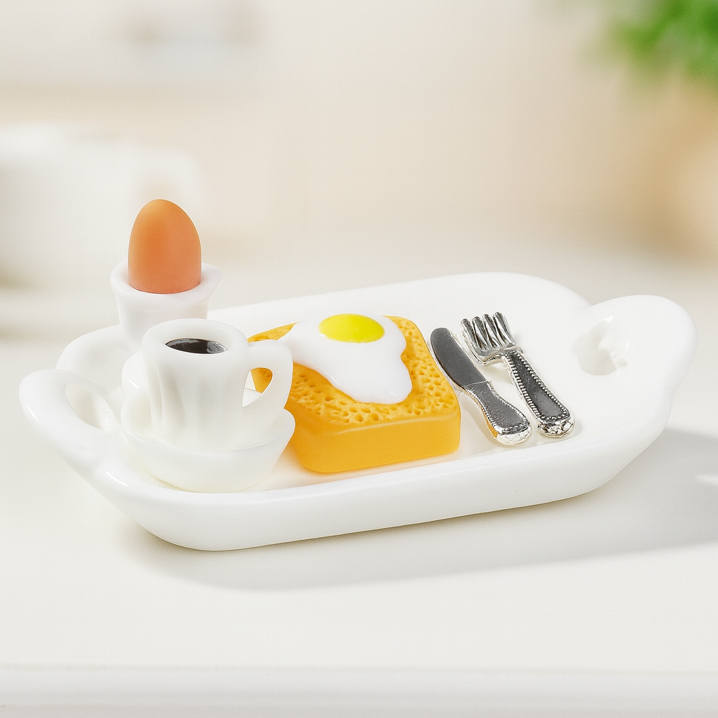 Miniatur Frühstück mit Ei, 5-teilig aus Kunststoff auf weißem Teller – Wichtel Zubehör