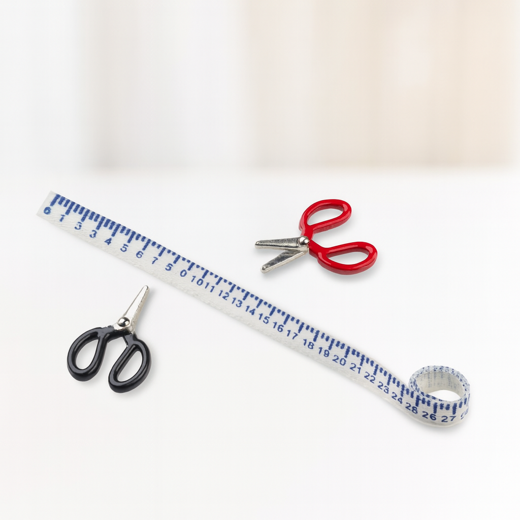 Miniatur Schere und Maßband 3-teilig aus Stoff und Metall für Nähen & Handarbeit