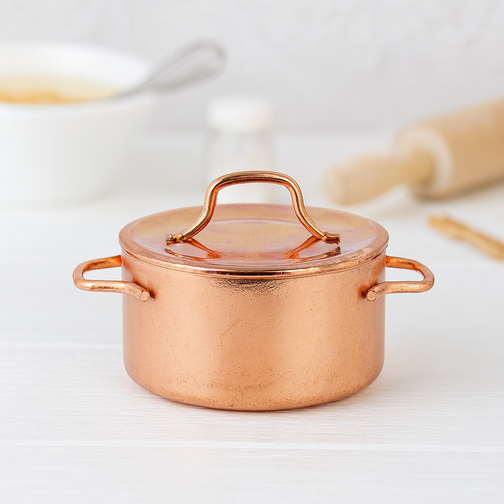 Miniatur Kochtopf kupferfarben aus Metall, 2,7×1,5 cm, mit Deckel, Wichtel Zubehör