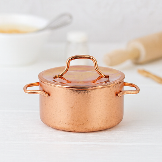 Miniatur Kochtopf kupferfarben aus Metall, 2,7×1,5 cm, mit Deckel, Wichtel Zubehör