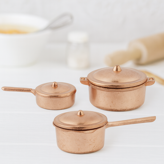 Miniatur Kochtopf-Set kupferfarben 3-teilig aus Metall, 1,8–3 cm, Wichtel Zubehör