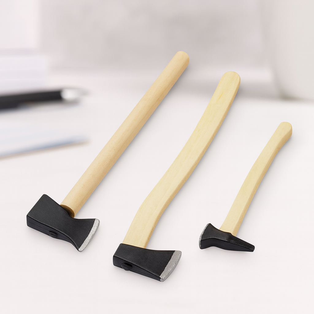 Miniatur Axt und Beil Set 3-teilig aus Holz und Metall, 4–7 cm, schwarz-natur – Wichtel Werkzeug