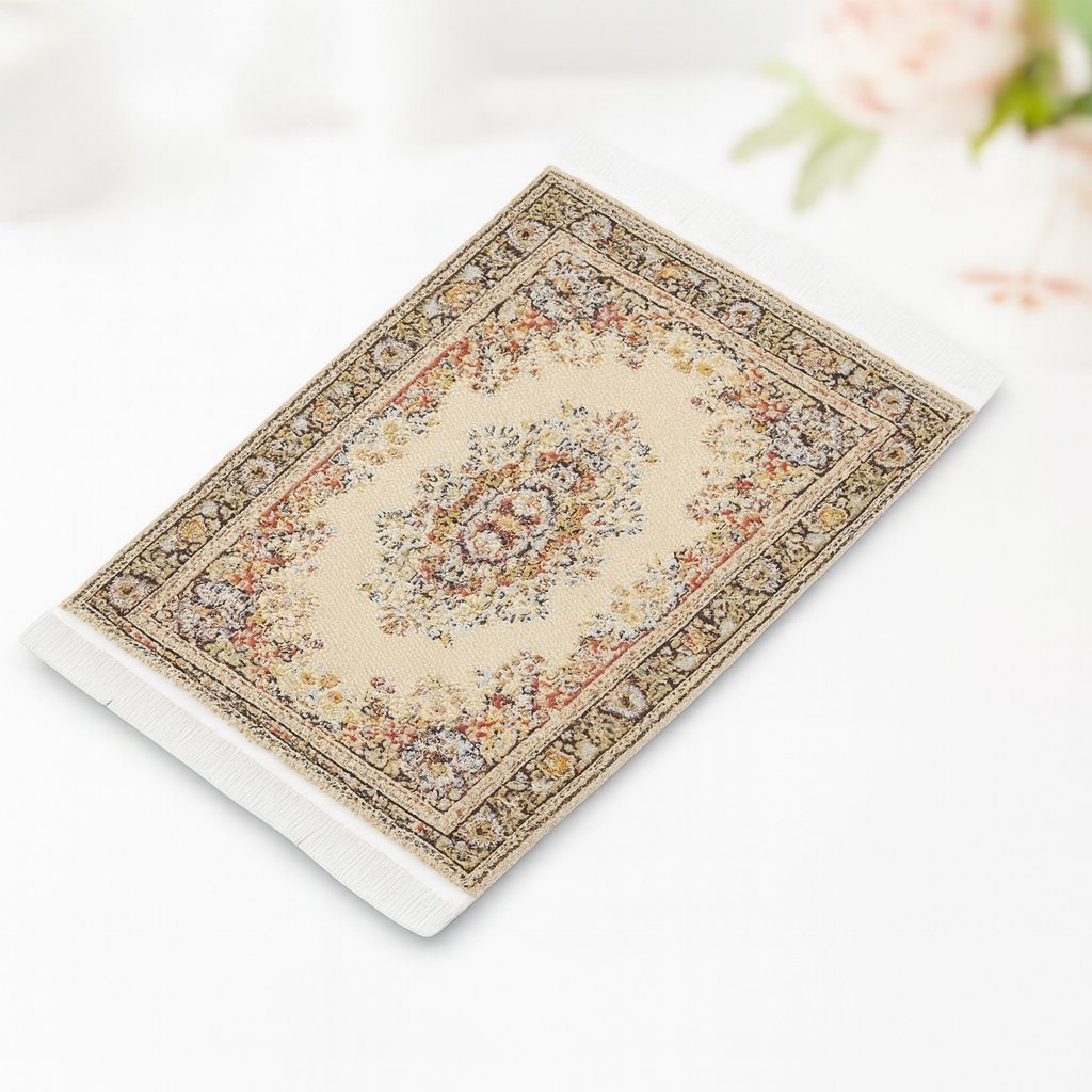 Miniatur Teppich beige gewebt aus Stoff, ca. 15x10cm – Wichtel Zubehör