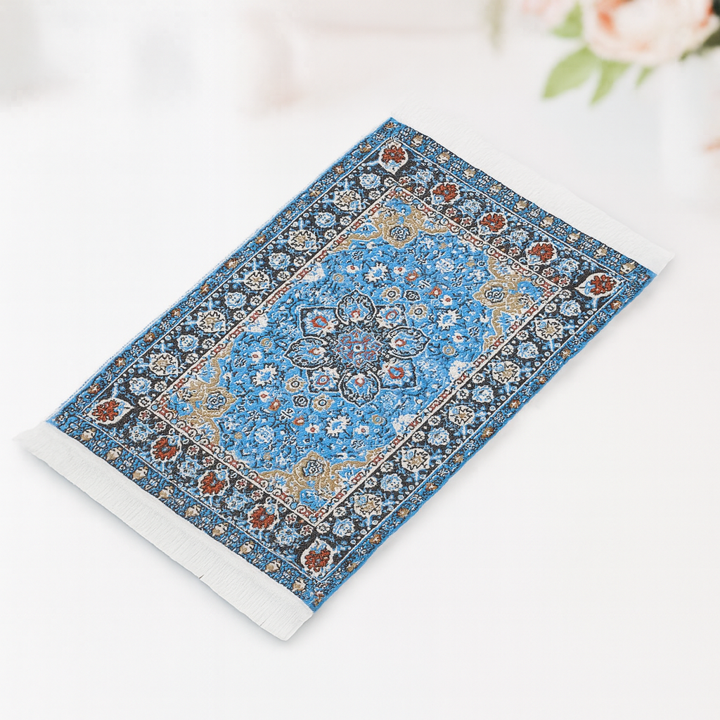 Miniatur Teppich blau gewebt aus Stoff, ca. 15x10cm – Wichtel Zubehör